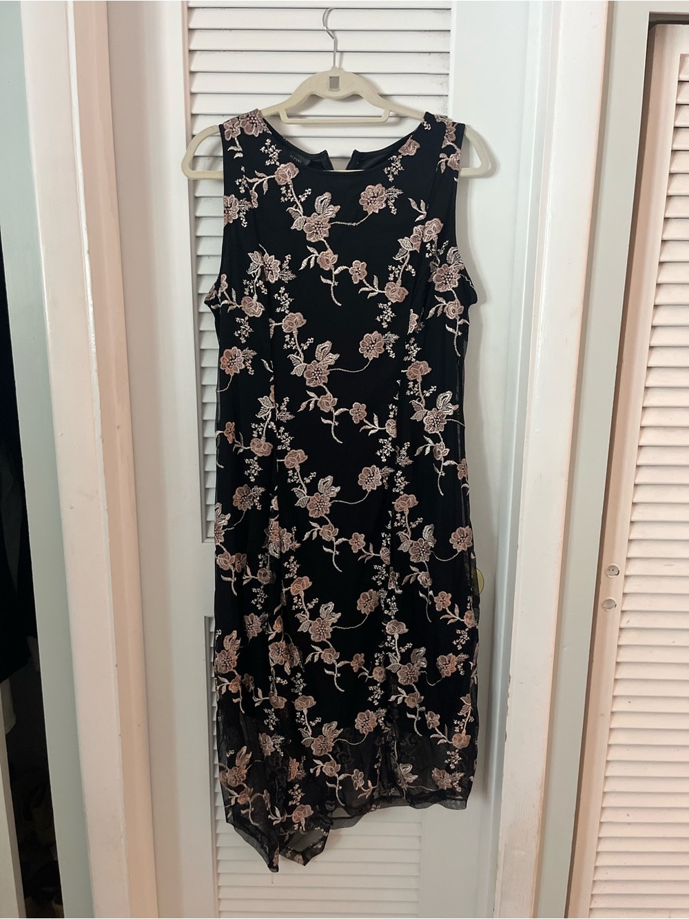 Alfani Black Dress with Blush Floral Embroidery High-Low Hem